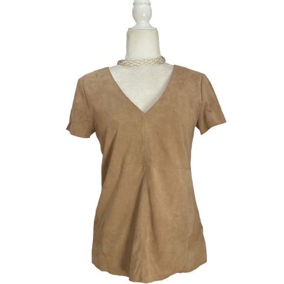 ECRU Clothing Suede Leather V Neck Short Sleeve Top NWT in Caramel Tan - Picture 1 of 8